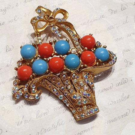 Butler & Wilson Brooch Basket of Swarovski Crystal flowers Coral Turquoise Glass - The Hirst Collection