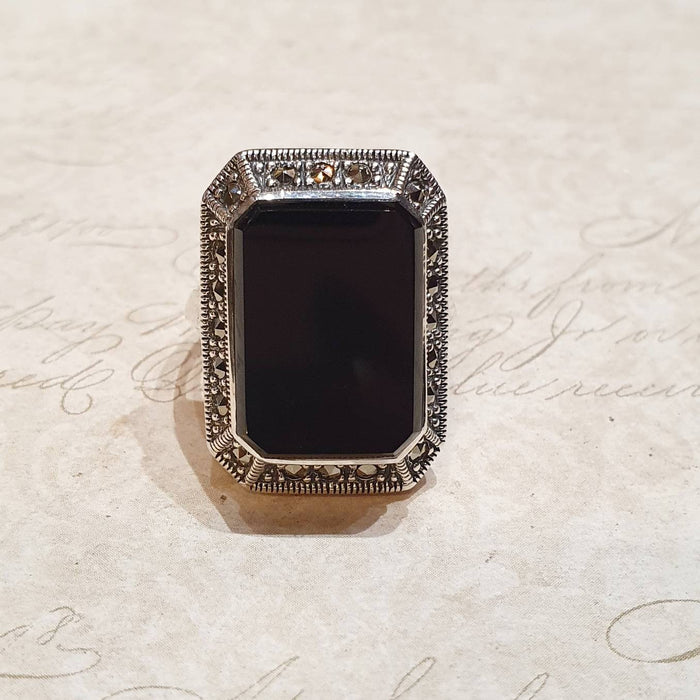 Art Deco Ring Silver Black Onyx Marcasite - The Hirst Collection