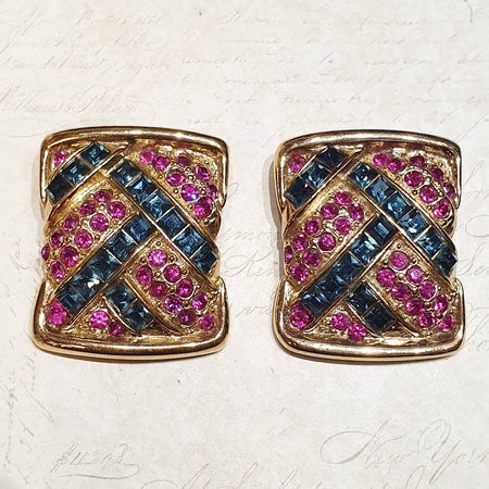 YSL Earrings Vintage Clip On Gold Pink Blue Crystal Sqaure - The Hirst Collection