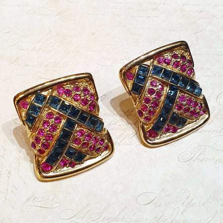 YSL Earrings Vintage Clip On Gold Pink Blue Crystal Sqaure - The Hirst Collection