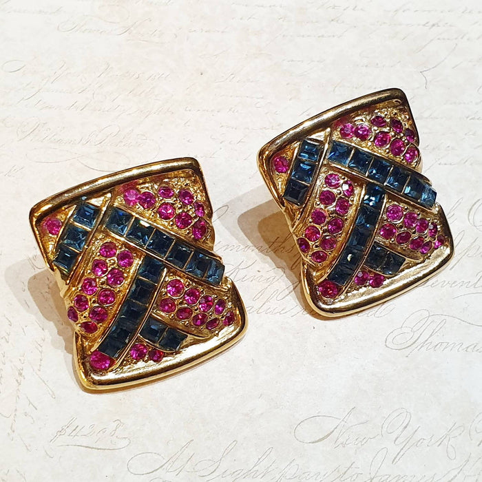 YSL Earrings Vintage Clip On Gold Pink Blue Crystal Sqaure - The Hirst Collection