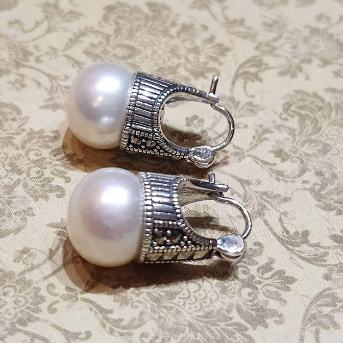 Freshwater Pearl Marcasite Sterling Silver Earrings Pierced - The Hirst Collection