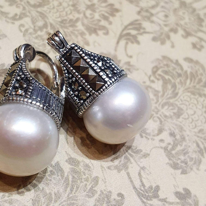 Freshwater Pearl Marcasite Sterling Silver Earrings Pierced - The Hirst Collection