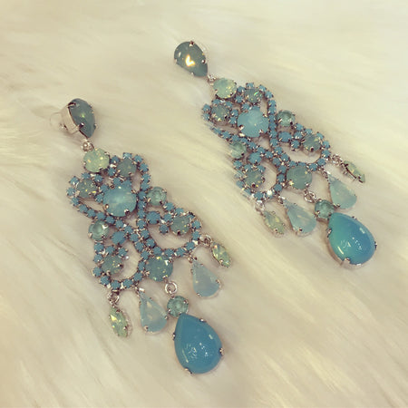 Turquoise Earrings Blue Glass and Crystal Chandelier Pierced by Frangos - The Hirst Collection