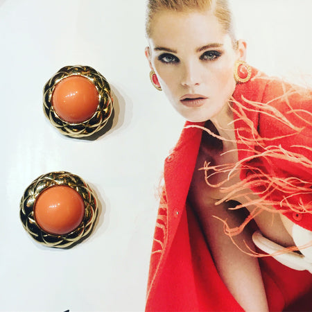 Nina Ricci Clip On Earrings Round Gold Coral Vintage - The Hirst Collection