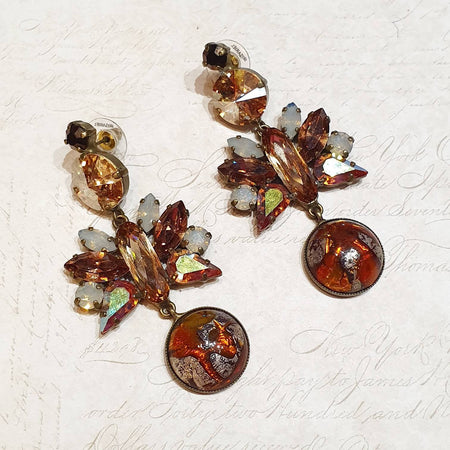 Crystal Brown Statment Earrings By Frangos Pierced Vintage Glass - The Hirst Collection