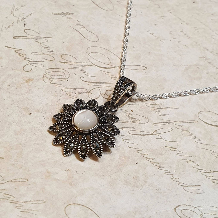Mother of Pearl pendant Daisy Flower Vintage Wedding Silver Marcasite - The Hirst Collection