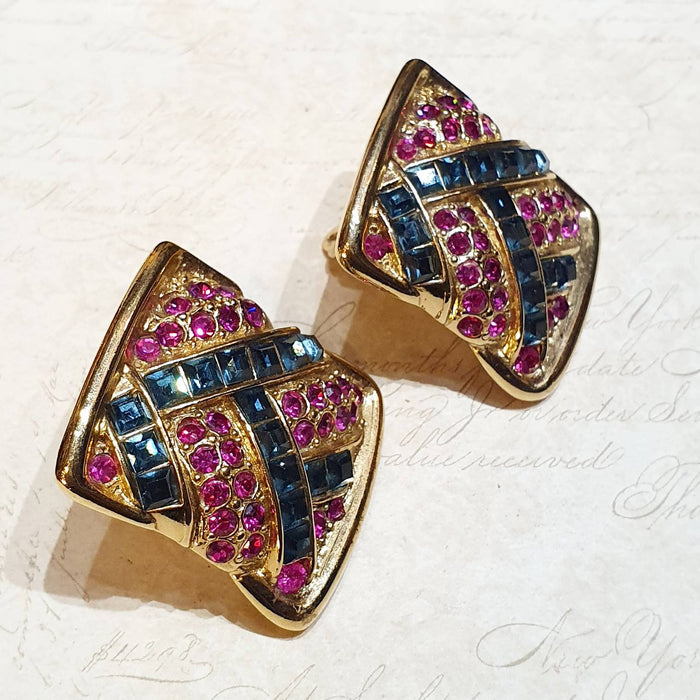 YSL Earrings Vintage Clip On Gold Pink Blue Crystal Sqaure - The Hirst Collection