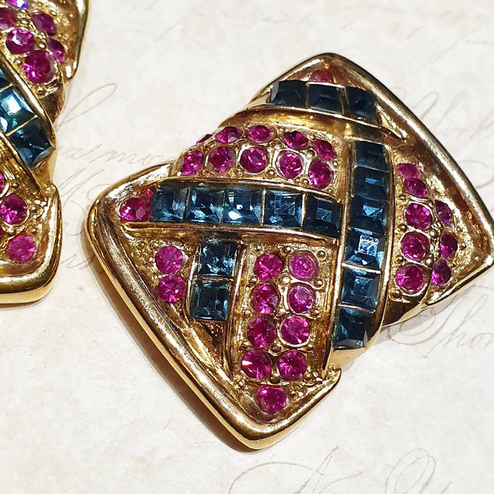 YSL Earrings Vintage Clip On Gold Pink Blue Crystal Sqaure - The Hirst Collection