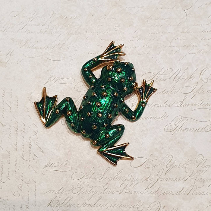 Green and Gold Frog Brooch Pin by Sardi Green Enamel - The Hirst Collection