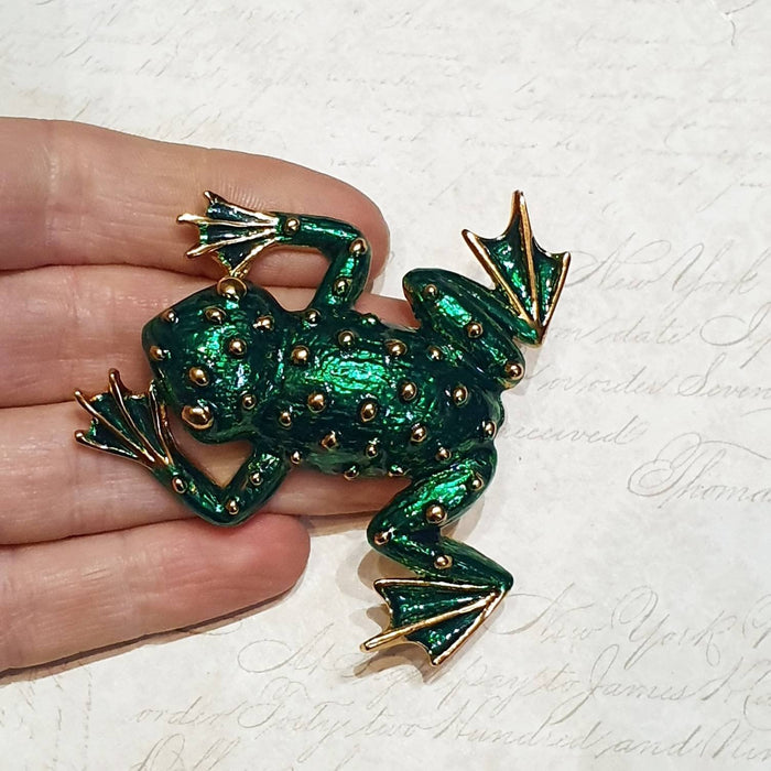 Green and Gold Frog Brooch Pin by Sardi Green Enamel - The Hirst Collection