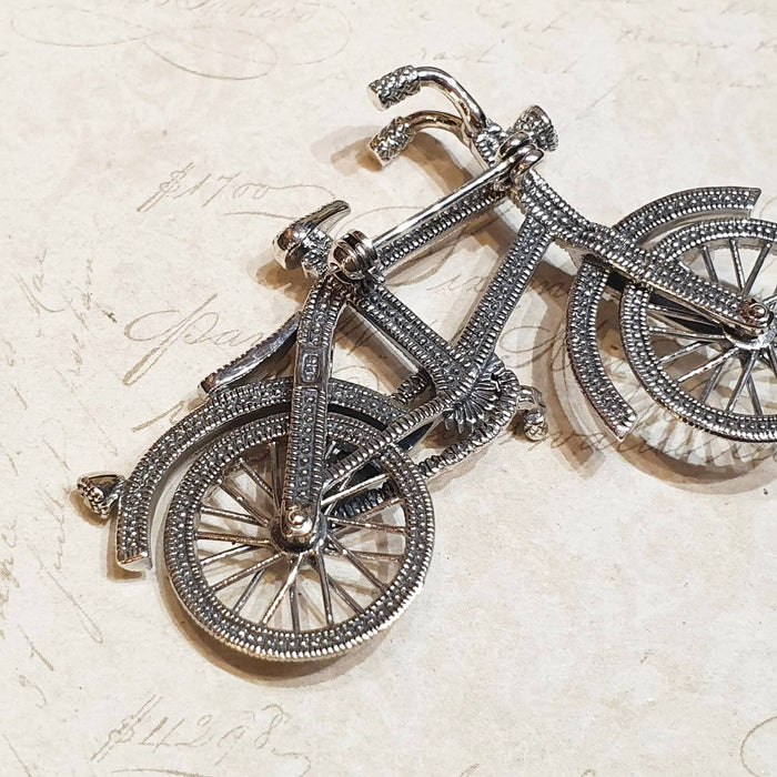 Silver Marcasite Bicycle Brooch Bike with moving wheels - The Hirst Collection