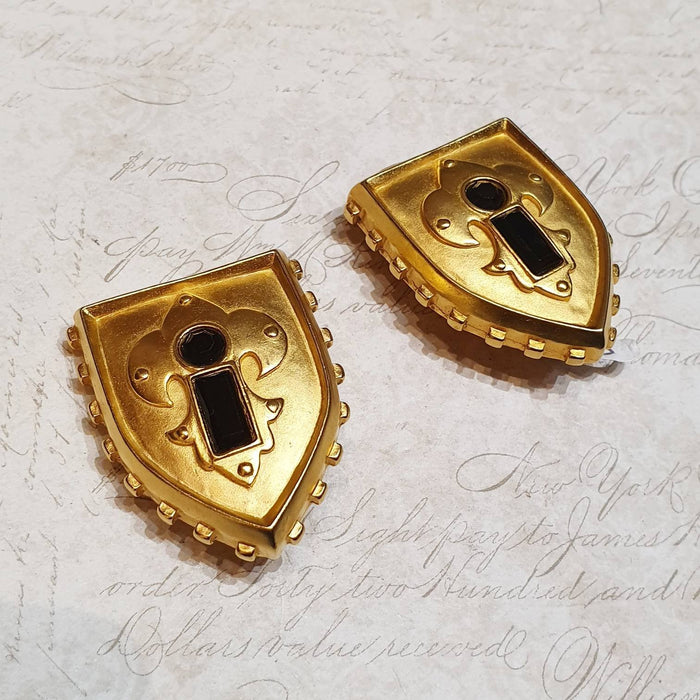 Karl Lagerfeld Earrings Clip On Gold Black Shield Crest - The Hirst Collection