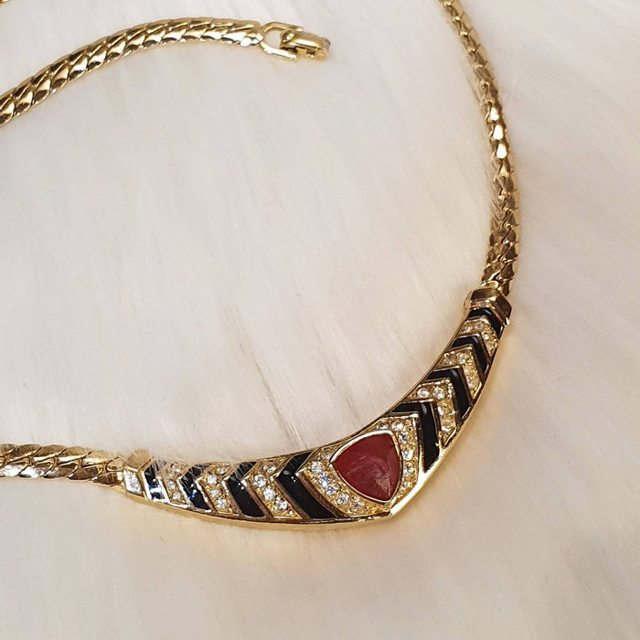 Christian Dior Vintage Necklace Gold Crystal Red Black - The Hirst Collection