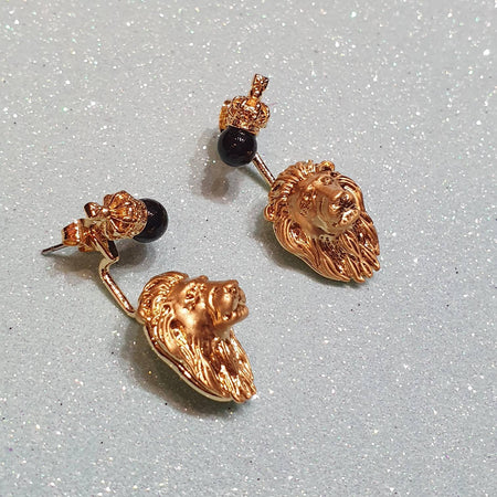 Bill Skinner Lion Earrings Ear Jacket Crown Gold Black - The Hirst Collection