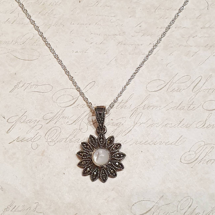 Mother of Pearl pendant Daisy Flower Vintage Wedding Silver Marcasite - The Hirst Collection