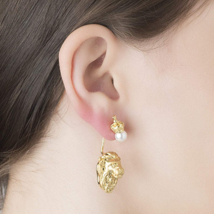 Bill Skinner Lion Pearl Earrings Ear Jacket Crown Gold Plated - The Hirst Collection