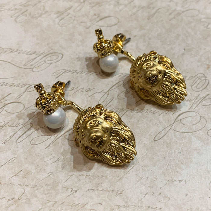 Bill Skinner Lion Pearl Earrings Ear Jacket Crown Gold Plated - The Hirst Collection