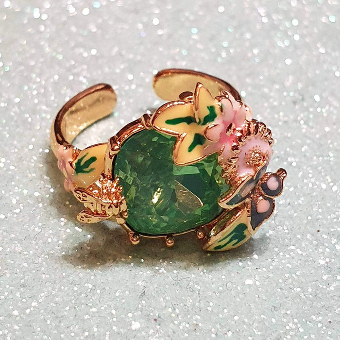 Green crystal Bee Flower Enamel Scenes of Nature Ring by Bill Skinner - The Hirst Collection