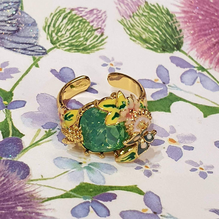 Green crystal Bee Flower Enamel Scenes of Nature Ring by Bill Skinner - The Hirst Collection