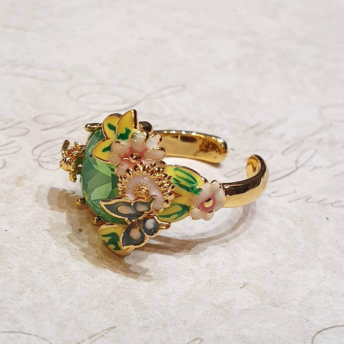 Green crystal Bee Flower Enamel Scenes of Nature Ring by Bill Skinner - The Hirst Collection