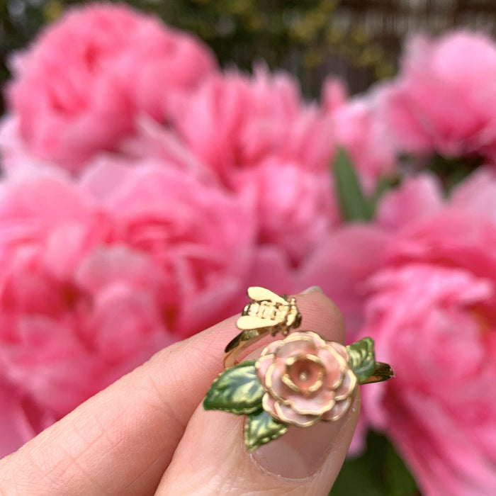 Rose and Bee Ring  by Bill Skinner Pink enamel - The Hirst Collection