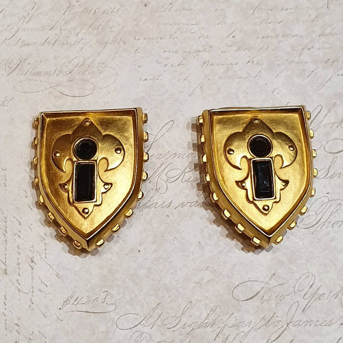 Karl Lagerfeld Earrings Clip On Gold Black Shield Crest - The Hirst Collection