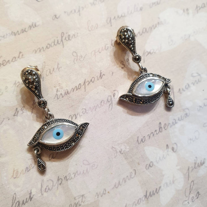 Eye Earrings Silver Marcasite Mother of Pearl Teardrop - The Hirst Collection