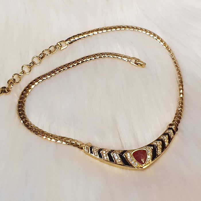 Christian Dior Vintage Necklace Gold Crystal Red Black - The Hirst Collection
