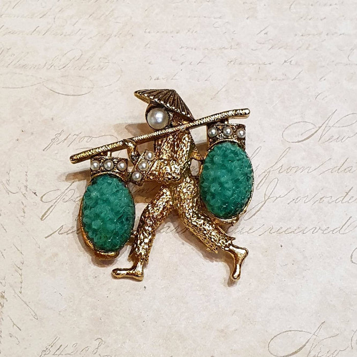 Exquisite brooch Gold Jade Green Pearl Vintage Asian Man Water Carrier - The Hirst Collection