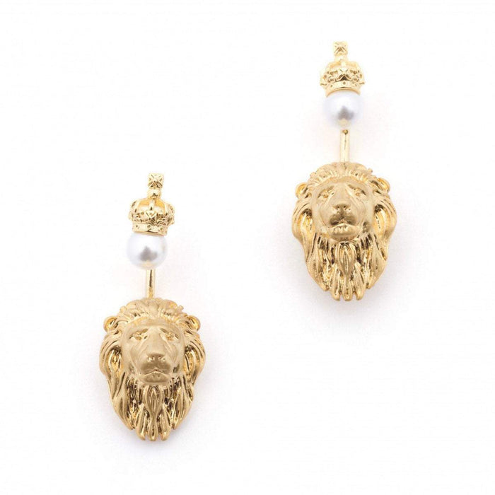 Bill Skinner Lion Pearl Earrings Ear Jacket Crown Gold Plated - The Hirst Collection