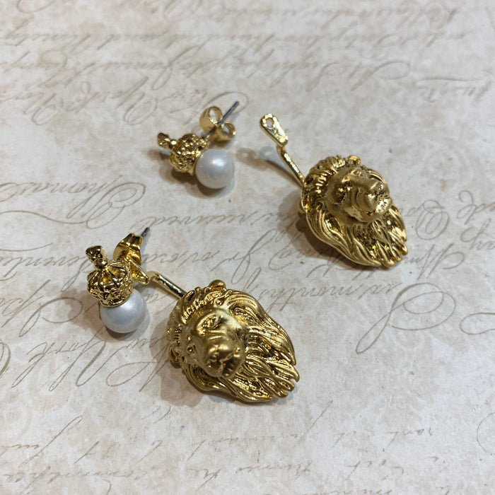 Bill Skinner Lion Pearl Earrings Ear Jacket Crown Gold Plated - The Hirst Collection