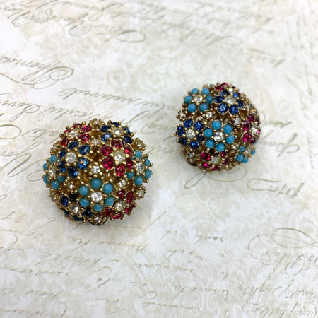 Vintage Ciner Earrings gold multi-coloured floral flowers clip-on - The Hirst Collection