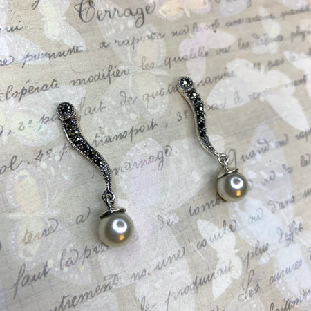 Glass pearl drop Earrings silver Marcasite vintage bride - The Hirst Collection