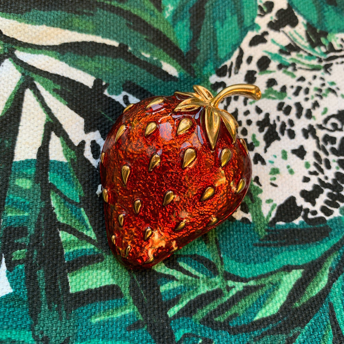 Strawberry Brooch Red Enamel Gold Fruit Pin - The Hirst Collection