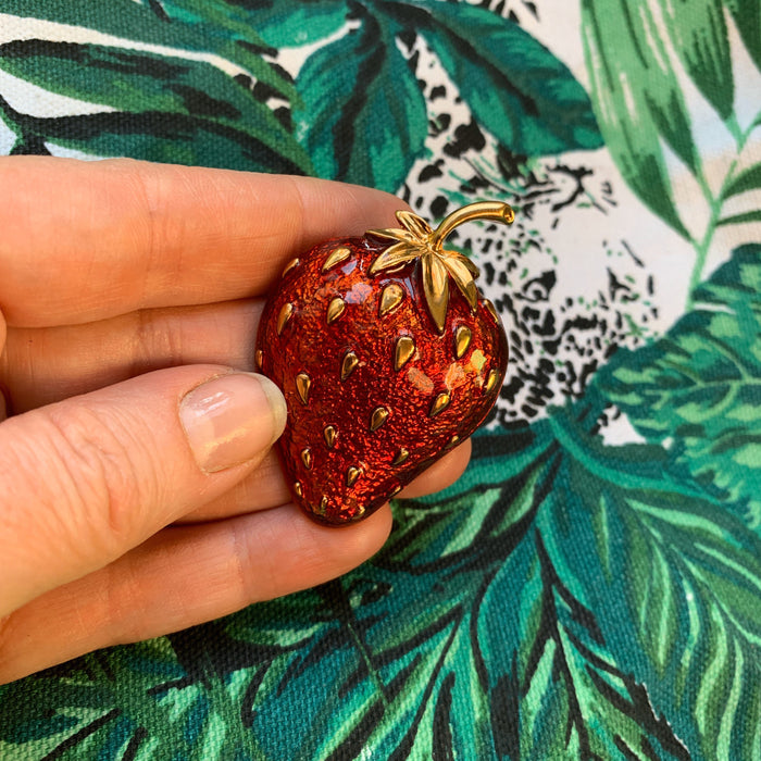 Strawberry Brooch Red Enamel Gold Fruit Pin - The Hirst Collection