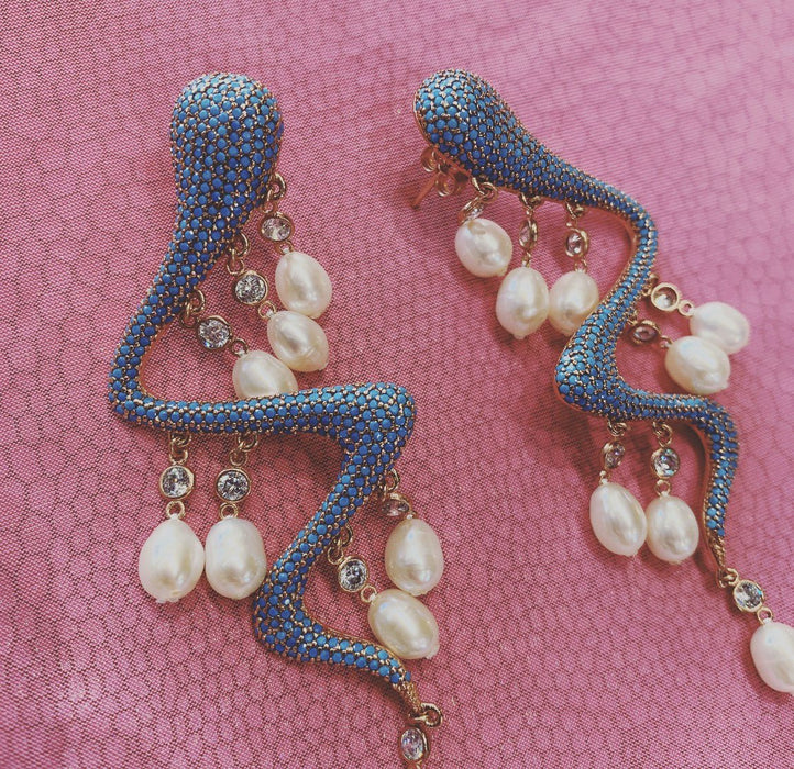 Pearl Drops Turquoise Blue Snake Earrings - The Hirst Collection
