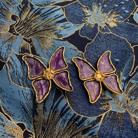 YSL Butterfly Earrings Purple Enamel Yves Saint Laurent Clip on - The Hirst Collection