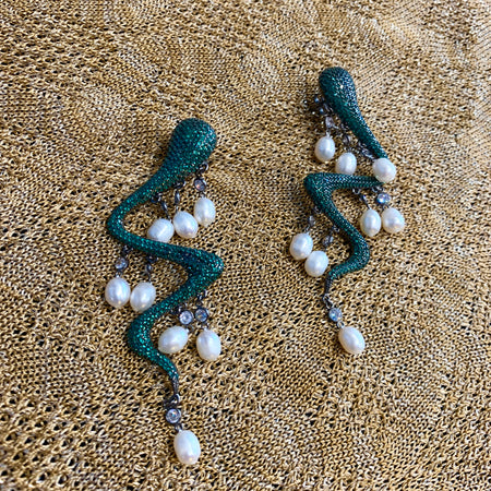 Snake Pearl Statement Earrings Emerald Green - The Hirst Collection