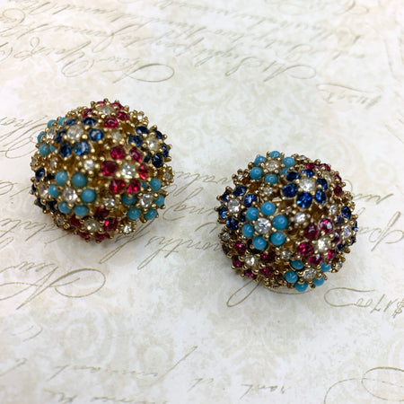 Vintage Ciner Earrings gold multi-coloured floral flowers clip-on - The Hirst Collection