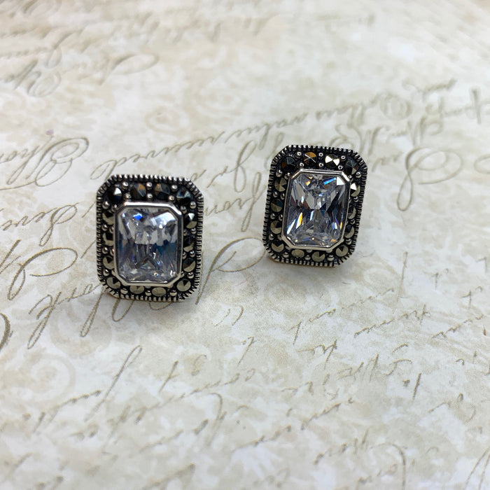 Silver Marcasite Clear Crystal  Earrings Square Studs Diamante - The Hirst Collection