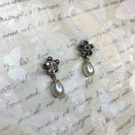 Real pearl drop Earrings silver Marcasite vintage bride - The Hirst Collection
