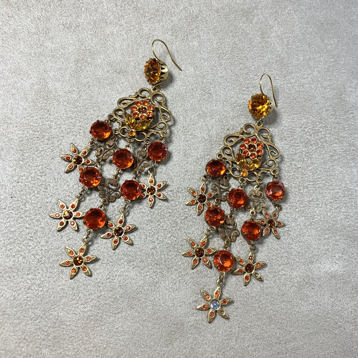 Askew London Earrings Pierced Chandelier Orange  Amber Glass Gold Flower Filligree Tassel Unsigned - The Hirst Collection