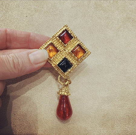 Edouard Rambaud Brooch Vintage Statement Gold Red Amber Glass - The Hirst Collection