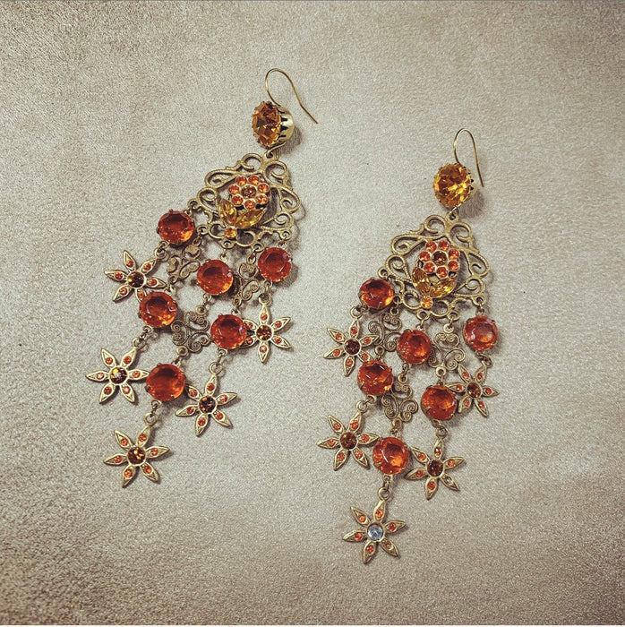 Askew London Earrings Pierced Chandelier Orange  Amber Glass Gold Flower Filligree Tassel Unsigned - The Hirst Collection
