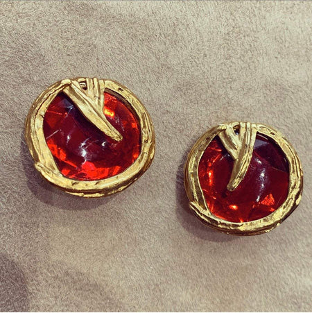 YSL Earrings Crystal Red and Gold Round Clip On - The Hirst Collection
