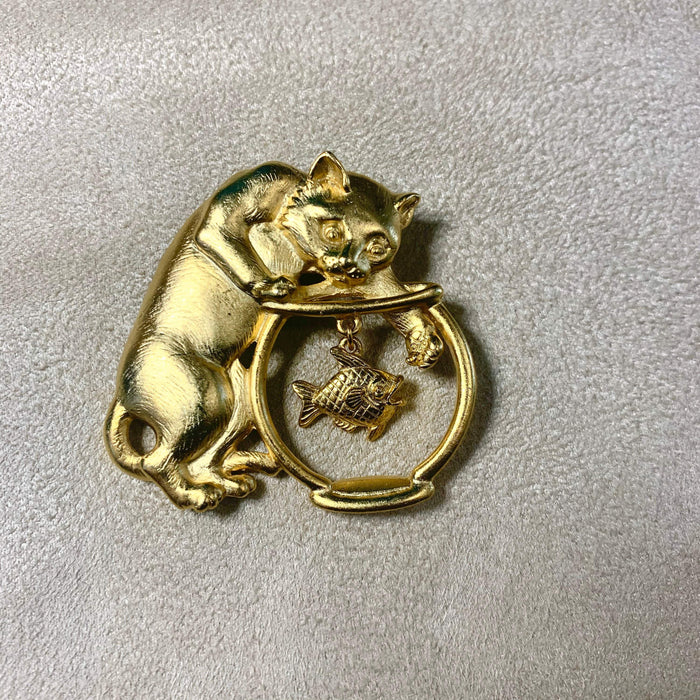 JJ cat brooch gold fish bowl - The Hirst Collection