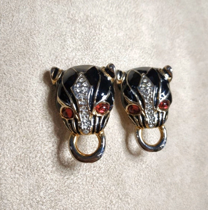 Vintage Black Jaguar Earrings Clip On - The Hirst Collection