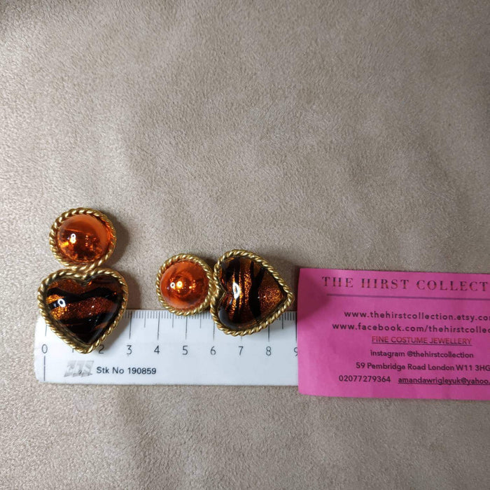 Vintage Heart Earrings by Rima Ariss Clip On Orange/Amber Leopard - The Hirst Collection