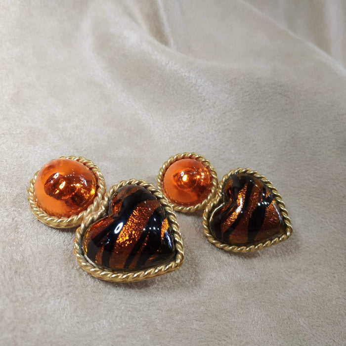 Vintage Heart Earrings by Rima Ariss Clip On Orange/Amber Leopard - The Hirst Collection